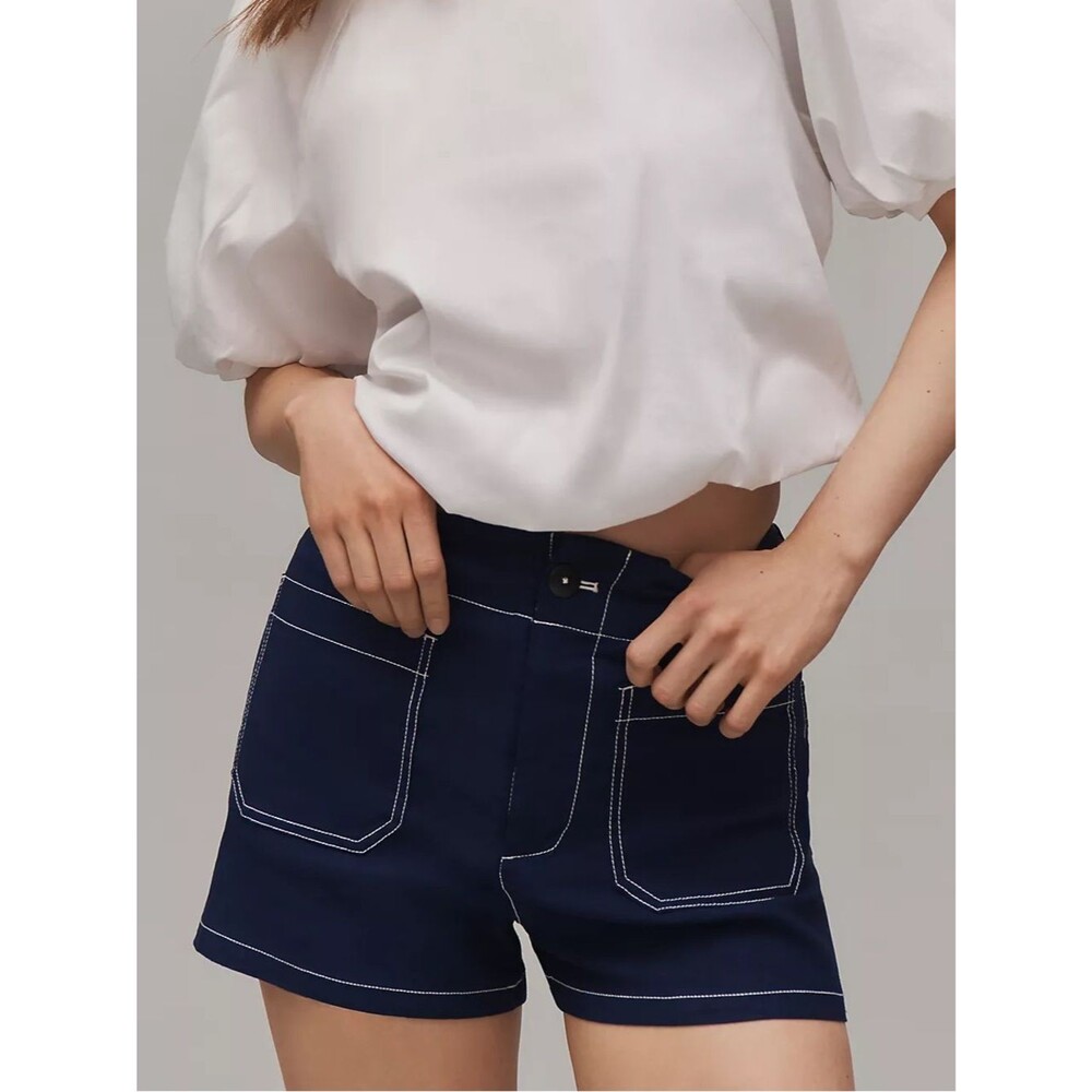 Maeve Colette Contrast-Stitch High-Rise Shorts in Navy Blue Size 32